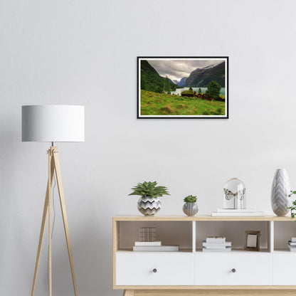 Grass-roofed houses in Lodalen Valley framed wall art