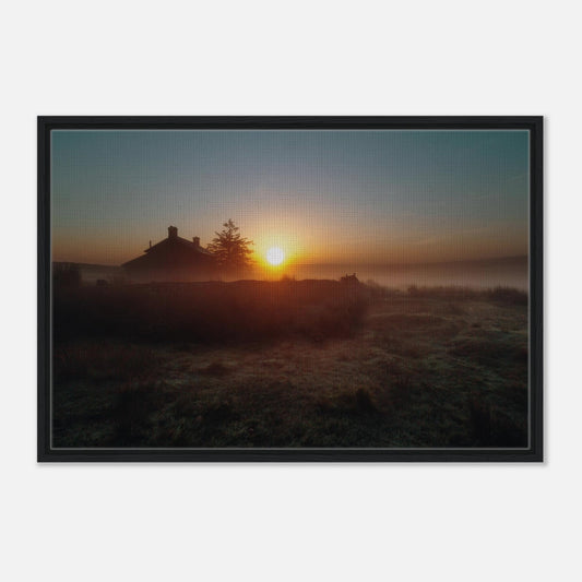 Dartmoor moorland with morning mist and rising sun