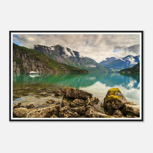 Scenic Norwegian lake framed wall art with lone boat on water