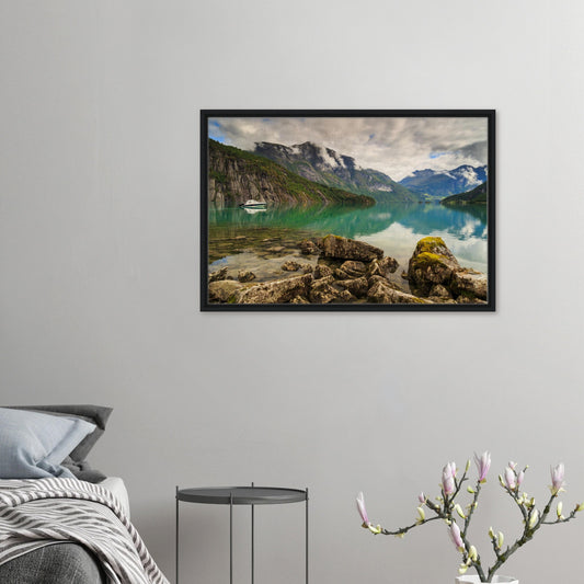 Framed canvas of Strynevatnet Lake with misty mountains in Norway