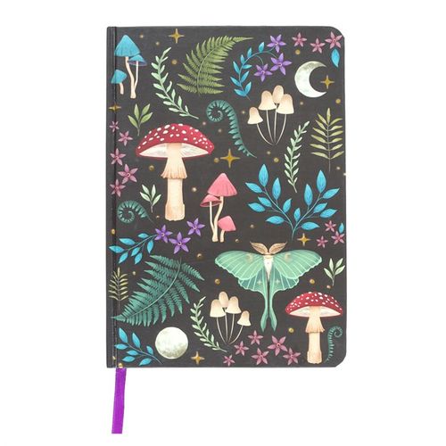 A5 notebook with mystical dark forest design, featuring mushrooms, luna moth, and gold foil page edges.