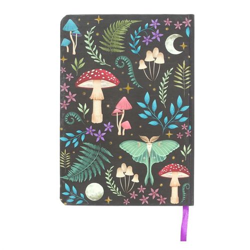 A5 notebook with mystical dark forest design, featuring mushrooms, luna moth, and gold foil page edges.