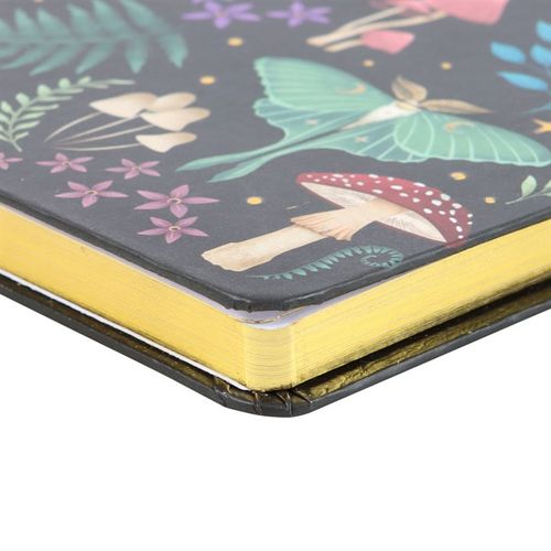 A5 notebook with mystical dark forest design, featuring mushrooms, luna moth, and gold foil page edges.