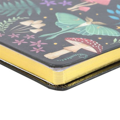 A5 notebook with mystical dark forest design, featuring mushrooms, luna moth, and gold foil page edges.