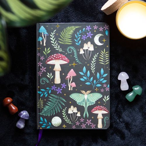 A5 notebook with mystical dark forest design, featuring mushrooms, luna moth, and gold foil page edges.