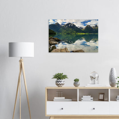 Canvas artwork portraying the majestic tranquillity of Strynevatnet Lake with lush vegetation and rocky shores