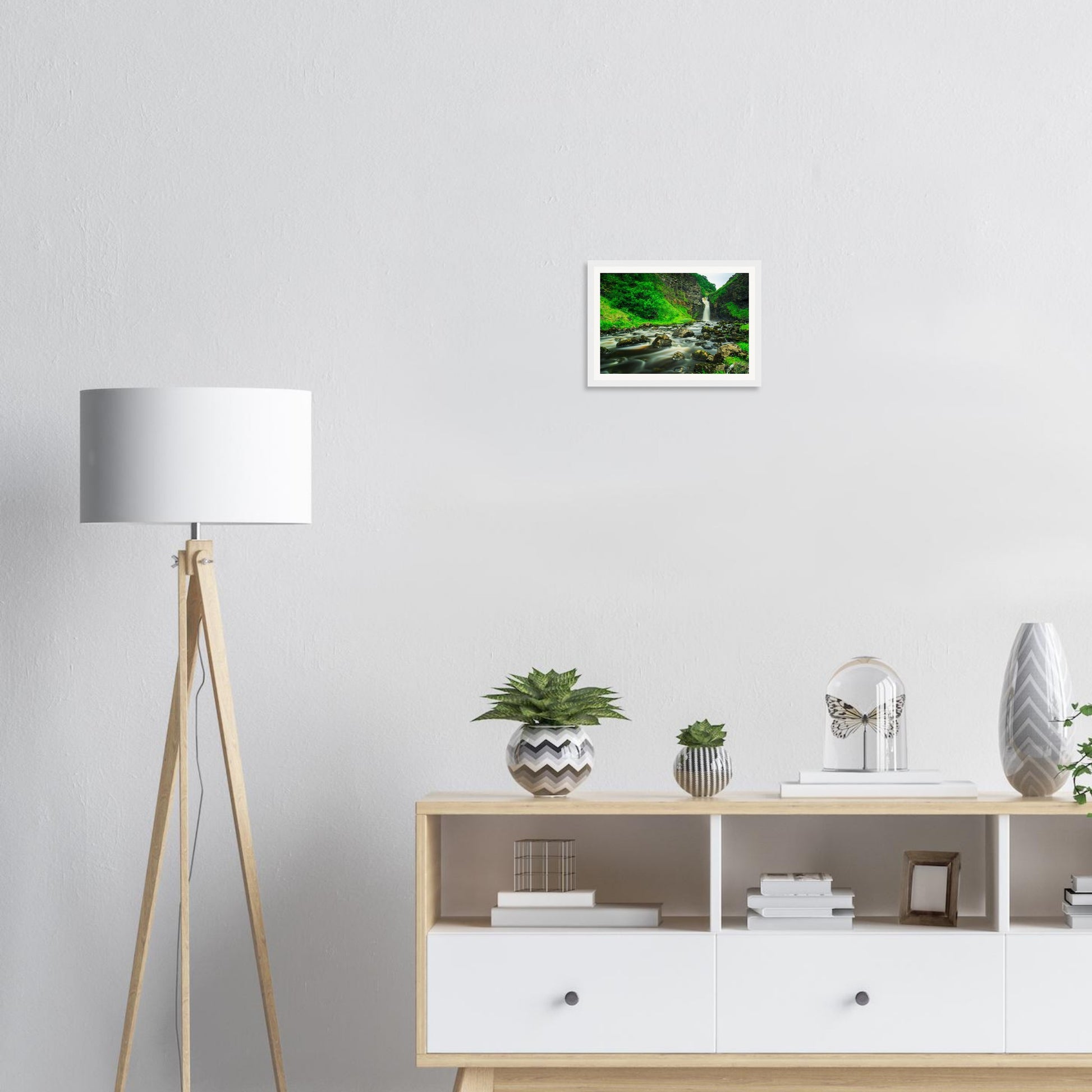 Rugged rocks and waterfall at Lealt Falls framed wall art