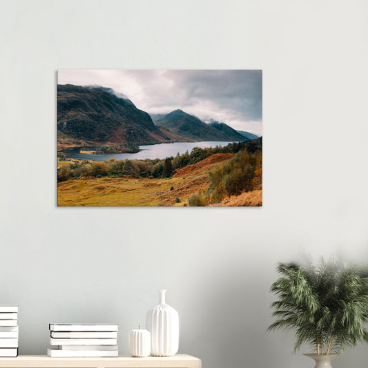 Loch Shiel canvas print with misty Highland mountains in autumn