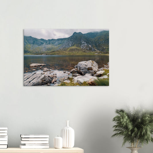 Llyn Idwal canvas print with still waters and rugged cliffs