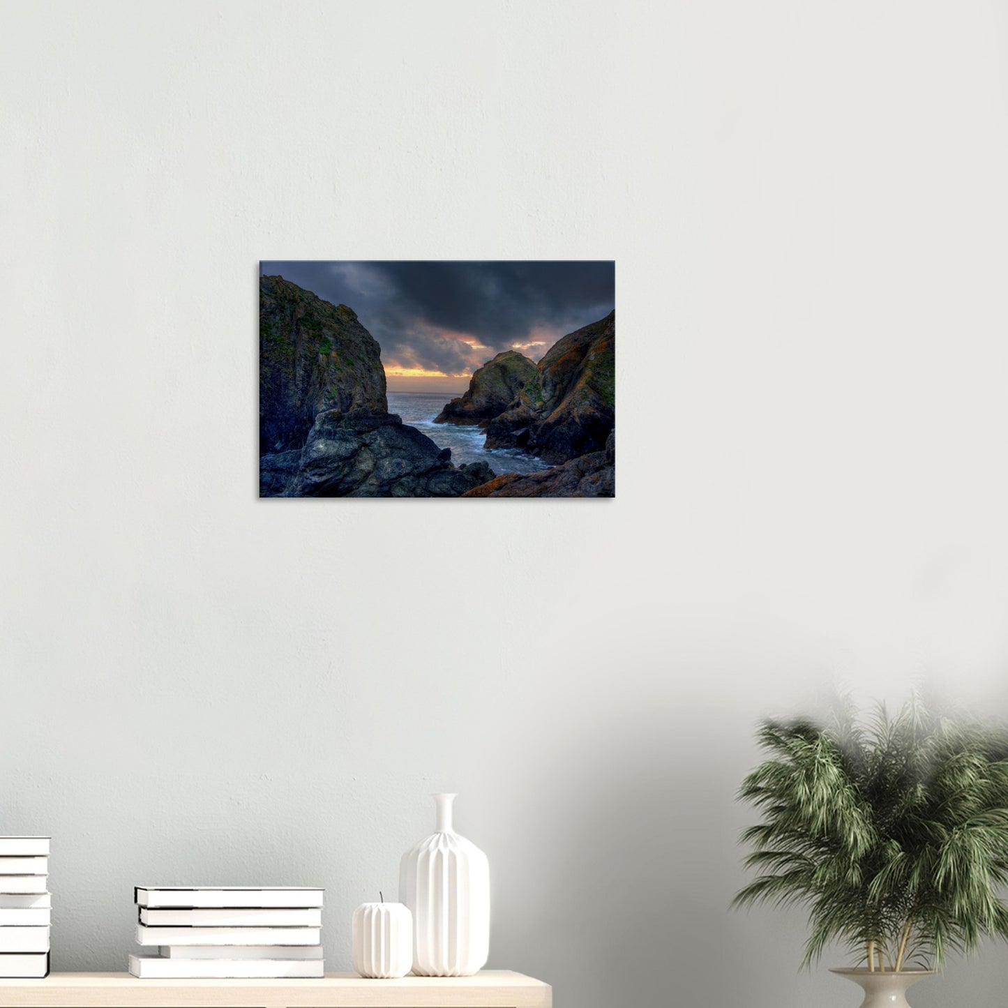 Wall art of Mullion Cove cliffs kissed by setting sun