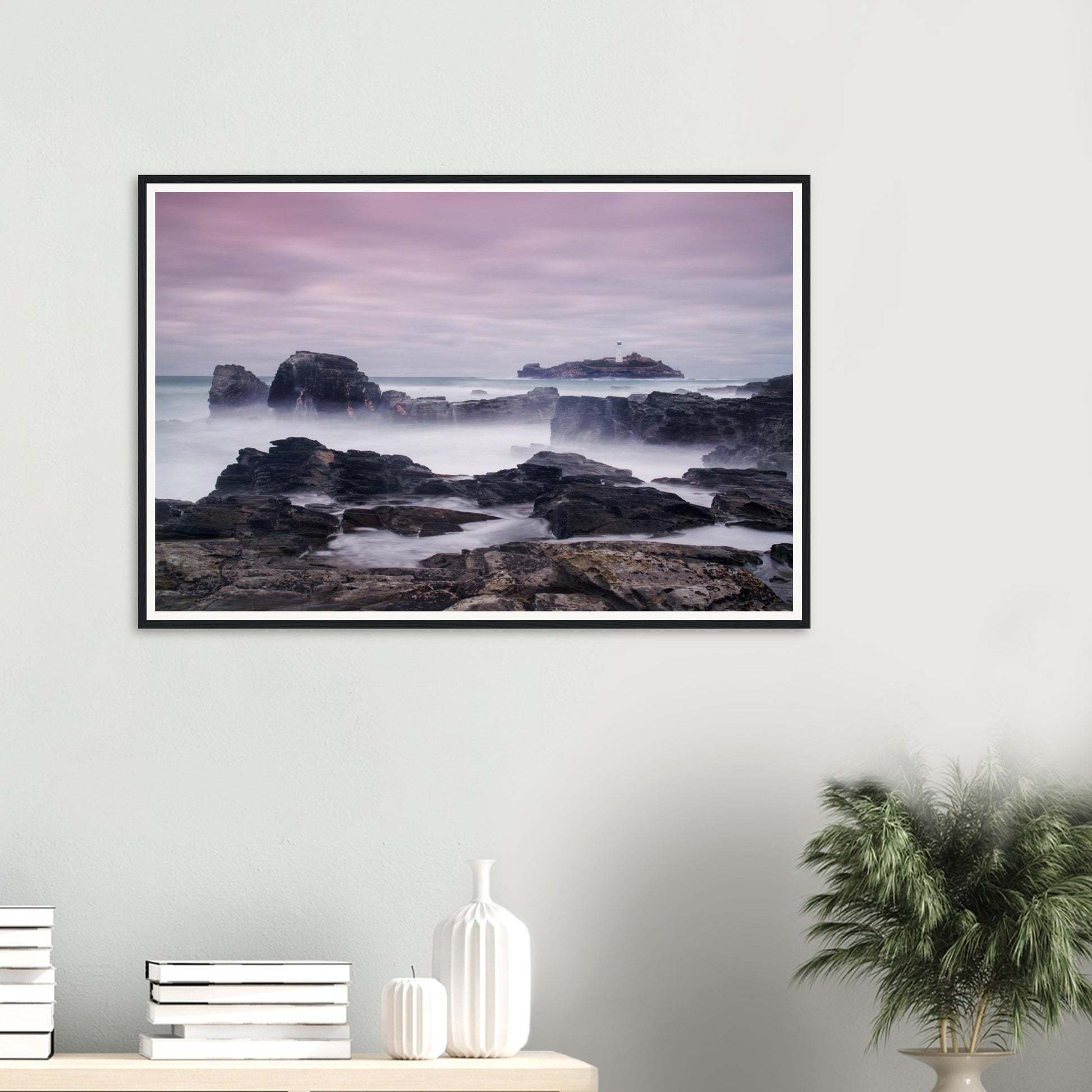 Misty veil of sea surrounding rocks at Godrevy framed print