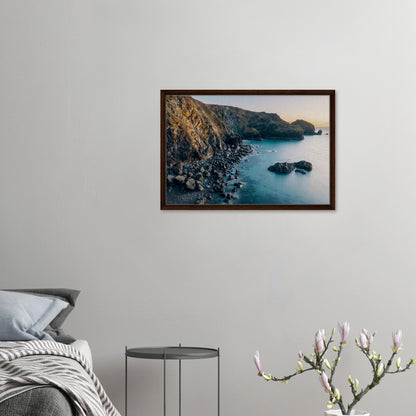 Coastal wall art of Mullion Cove at dusk