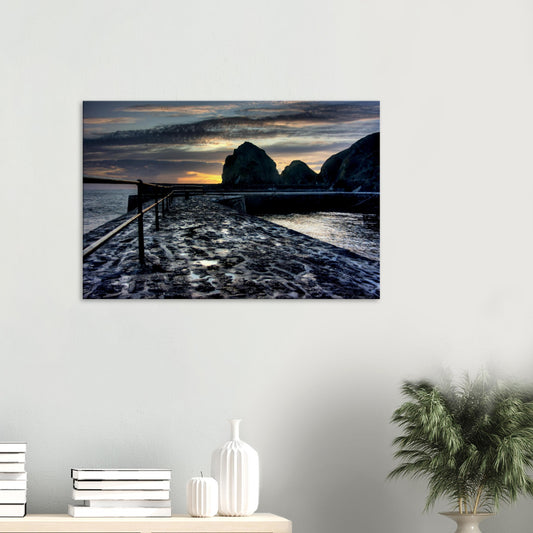 Mullion Cove canvas print with slipway and sunset cliffs