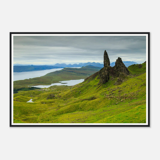 Towering pinnacle rock formation at The Old Man of Storr framed art