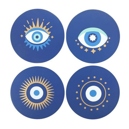 All Seeing Eye Coaster Set with four mystical designs in a matching blue holder, perfect for quirky home décor.