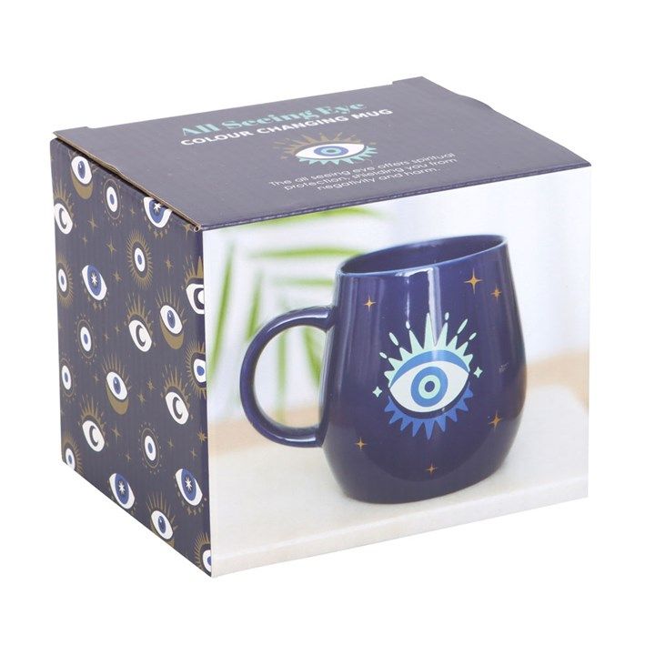 All Seeing Eye Colour Changing Mug with heat-sensitive design, revealing an open eye for protection and luck.