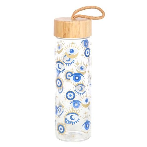 All Seeing Eye Glass Water Bottle with metallic gold details, wood-effect lid, and looped strap for easy carrying.