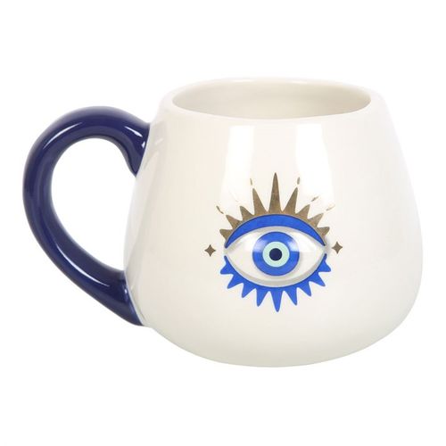 White rounded All Seeing Eye Mug with metallic gold details, 500ml capacity, designed for protection and positive energy.