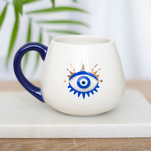 White rounded All Seeing Eye Mug with metallic gold details, 500ml capacity, designed for protection and positive energy.