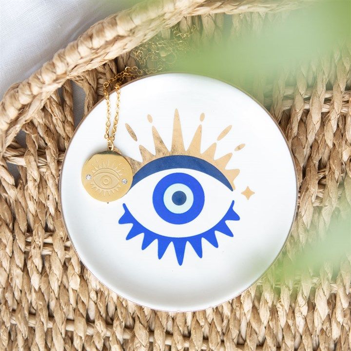 All Seeing Eye Necklace with matching trinket dish, a protective talisman for confidence, guidance, and positive energy.