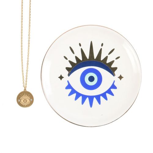 All Seeing Eye Necklace with matching trinket dish, a protective talisman for confidence, guidance, and positive energy.