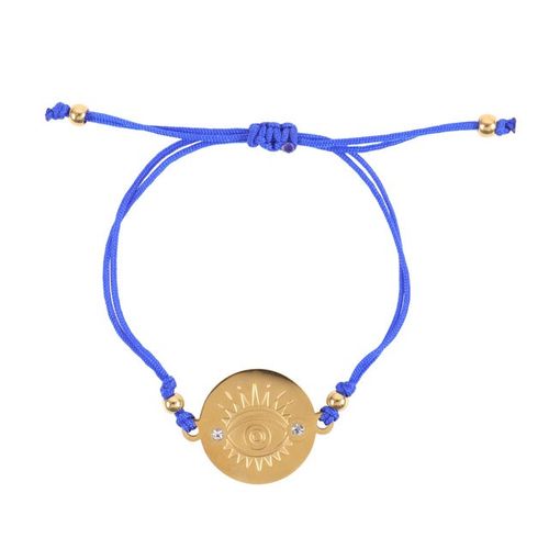 Gold-toned All Seeing Eye String Bracelet with blue cord, symbolising protection and luck, presented on a printed meaning card.