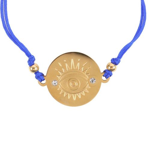 Gold-toned All Seeing Eye String Bracelet with blue cord, symbolising protection and luck, presented on a printed meaning card.