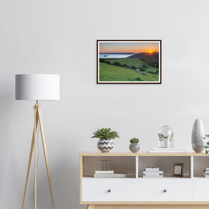 Sheep on hillside overlooking Plymouth Sound sunset framed print