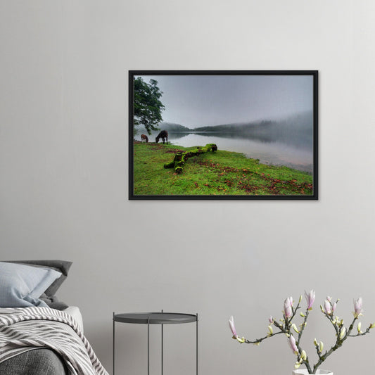 Framed canvas print of Burrator Reservoir on a misty morning