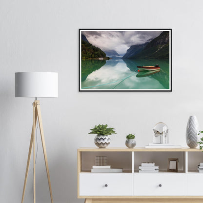 Framed print of Lovatnet Lake in Norway with emerald waters