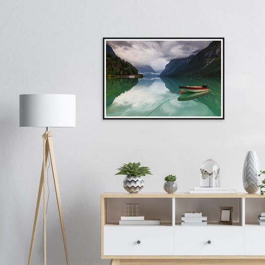 Framed print of Lovatnet Lake in Norway with emerald waters