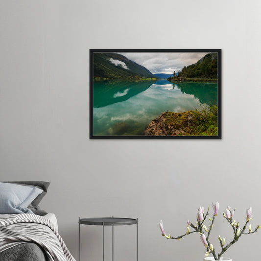 Framed canvas of Oldevatnet Lake with perfect water reflection