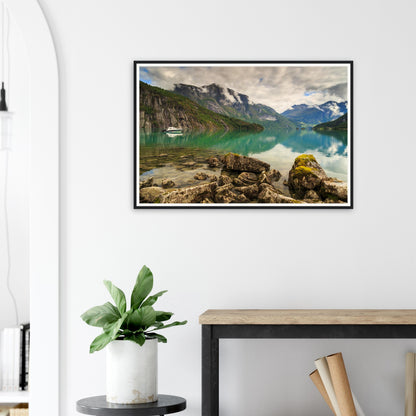 Scenic framed wall art of Strynevatnet Lake in tranquil light