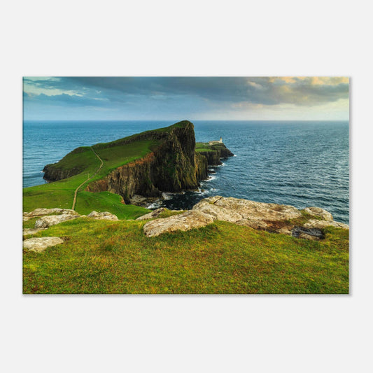 Neist Point landscape on canvas, with strong contrast between tranquil grass and restless sea.