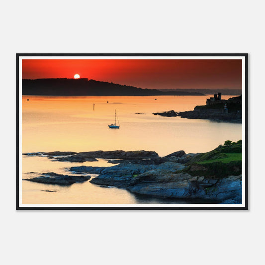 Golden sunset over calm waters of Plymouth Sound framed wall art