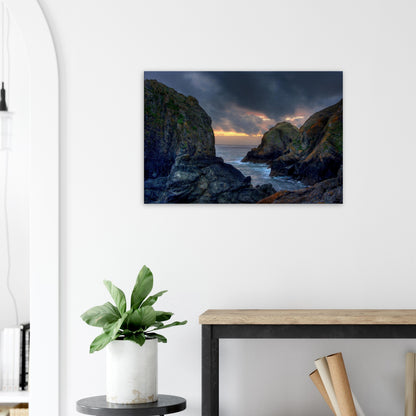 Peaceful cove scene in Cornwall with glowing cliffs in print