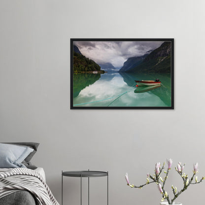 Framed canvas of Lovatnet Lake with misty mountains in Norway