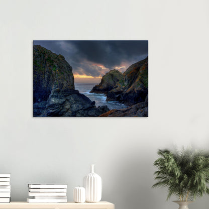 Sunset light illuminating Mullion Cove’s rocky cliffs in wall art