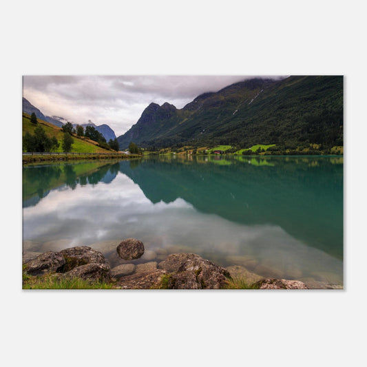 Serene landscape of Lake Floen in Norway captured on canvas, showing still waters and lush green valley.