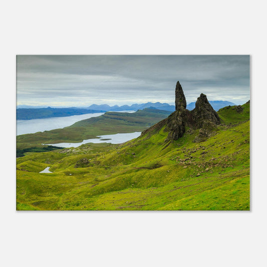 The Old Man of Storr on the Isle of Skye, depicted in a striking canvas print with natural textures and mythic charm.