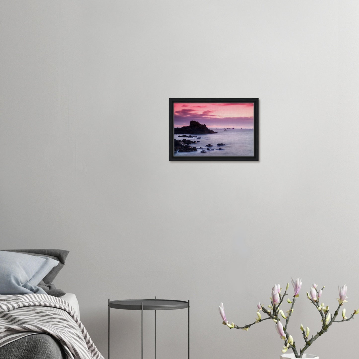 Guernsey framed artwork with lighthouse and colourful sky