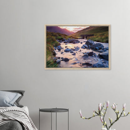 Stone bridge and winding stream at Honister Pass in framed canvas