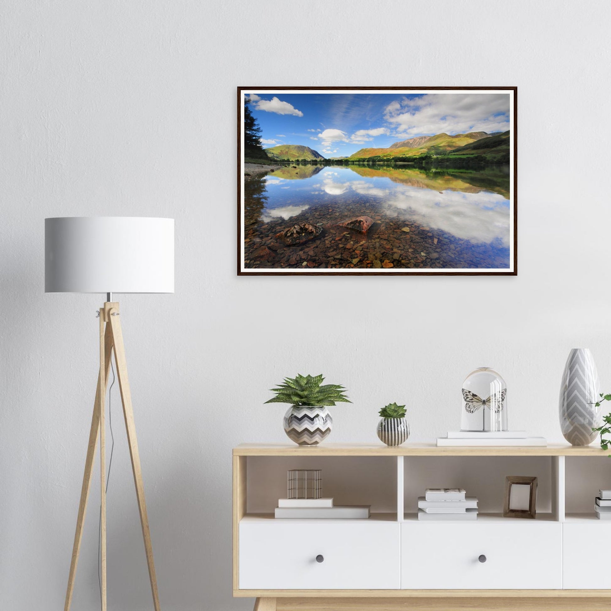 Tranquil Buttermere framed print showing clear still waters