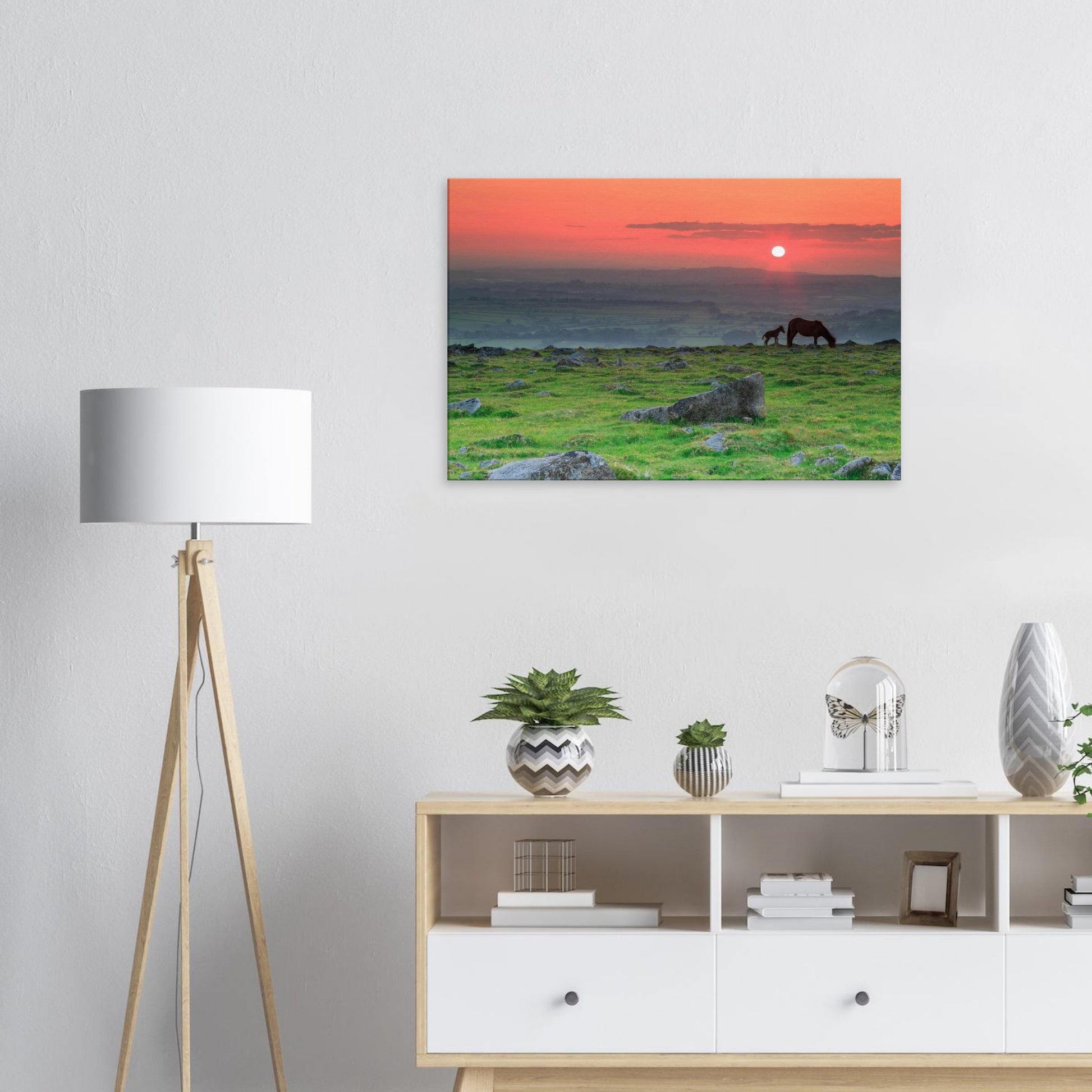 Evening canvas print of Dartmoor’s natural beauty with mare and foal grazing at dusk.