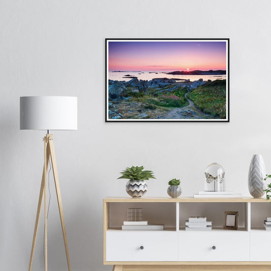 Framed print of Lihou Island in Guernsey at sunset