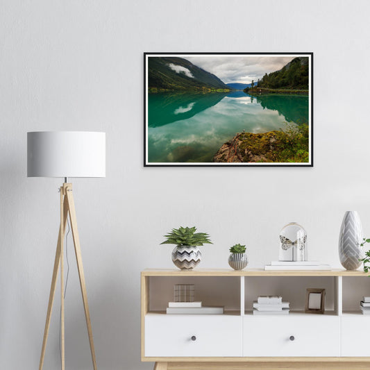 Framed print of Oldevatnet Lake in Norway with perfect reflections