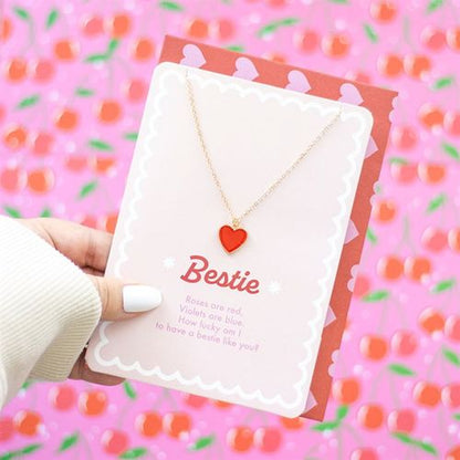 Bestie Enamel Heart Necklace presented on a greeting card with a heartfelt friendship poem.