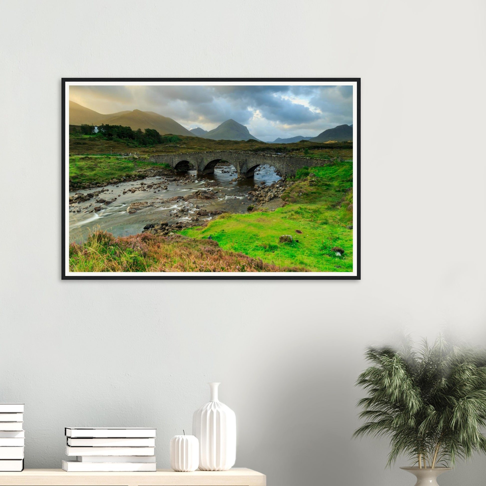 Heather and greenery at Sligachan Old Bridge framed print
