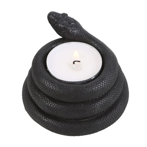 Black coiled snake tealight holder casting eerie shadows