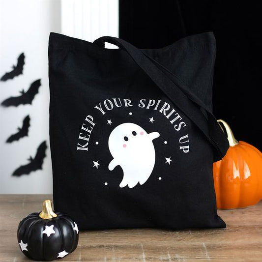 Black tote bag with ghost design and Keep Your Spirits Up phrase